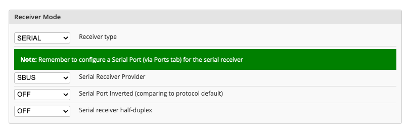 iNav Receiver Mode panel — Receiver type SERIAL, Serial Receiver Provider SBUS, Serial Port Inverted OFF, Serial receiver half-duplex OFF