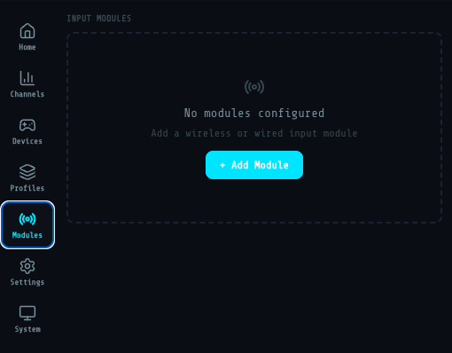 Web UI Modules screen — empty Input Modules list with Add Module button