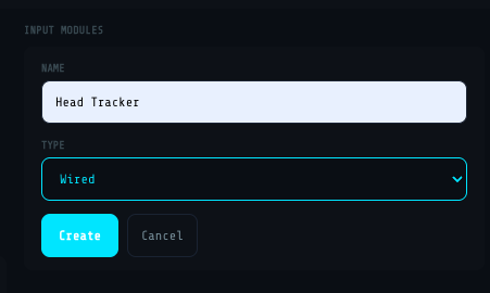 Add Module dialog — Name: Head Tracker, Type: Wired