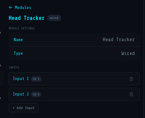 Module editor — Head Tracker (Wired) with Input 1 mapped to CH 5 and Input 2 mapped to CH 6