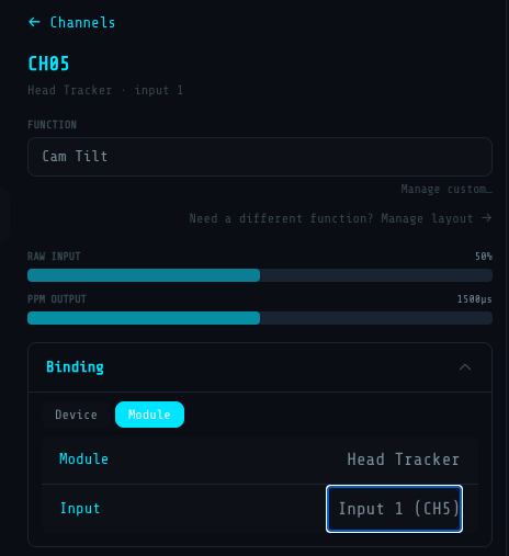 Channel CH05 editor — Function Cam Tilt, Binding tab set to Module, with Head Tracker → Input 1 (CH5) selected