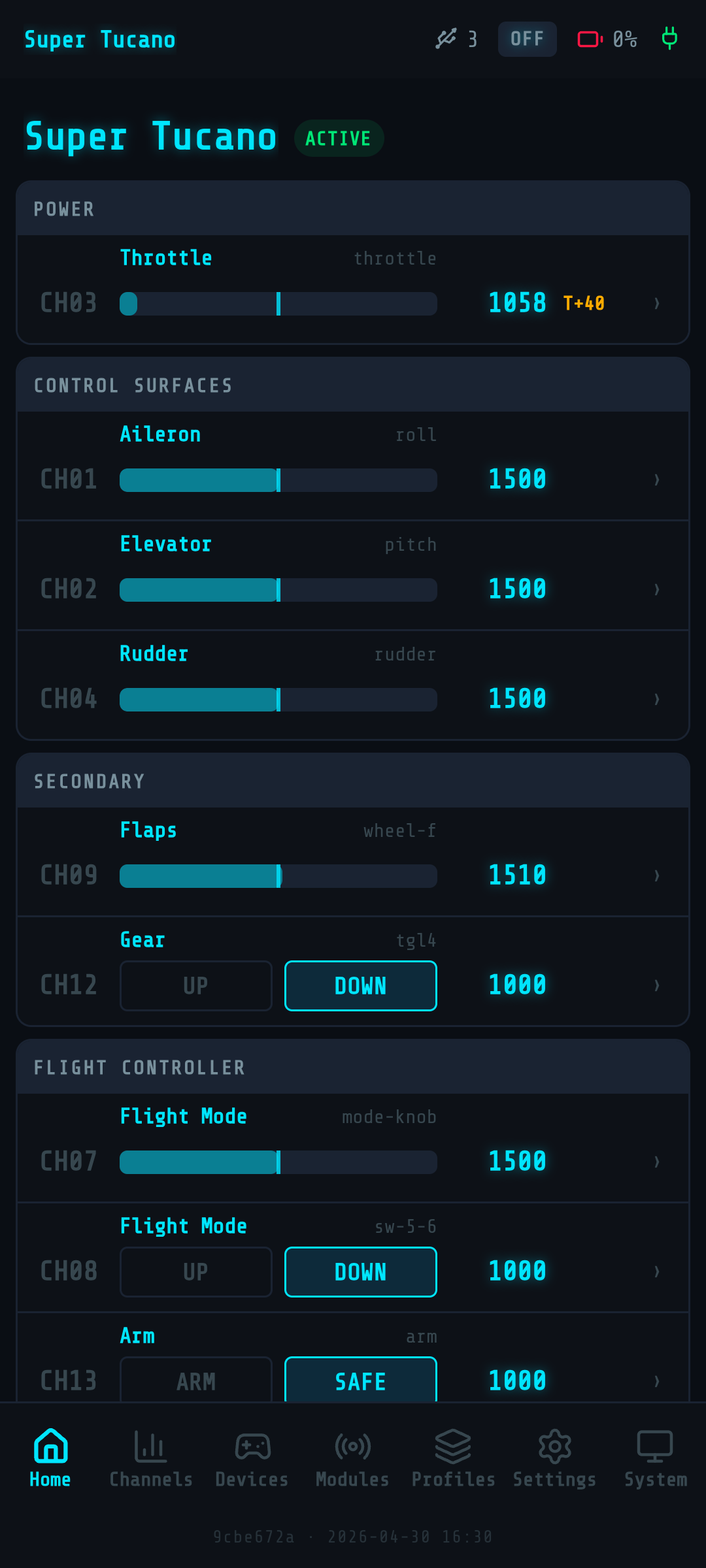 Web UI Home dashboard — all 16 channels live, 20Hz over WebSocket