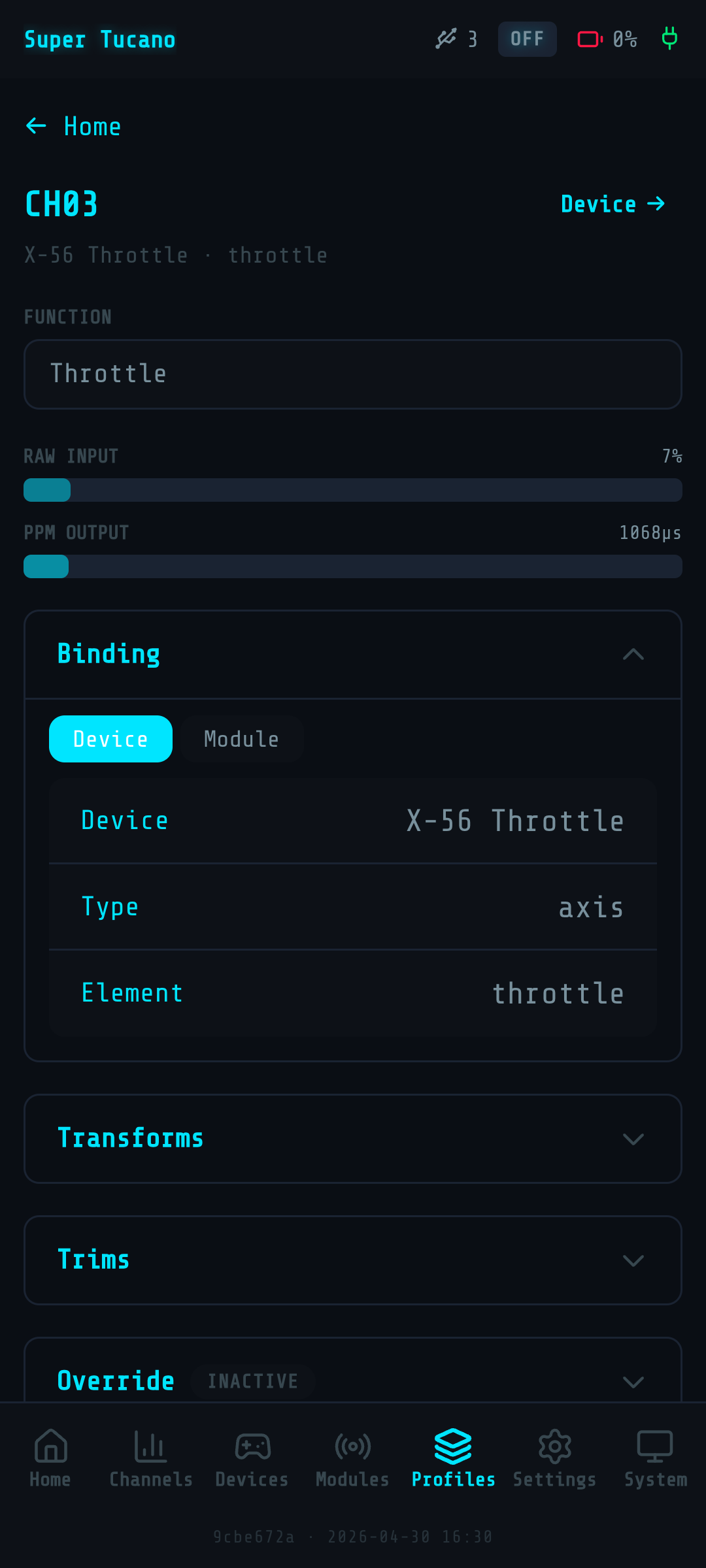 Web UI channels list — bindings and live bars