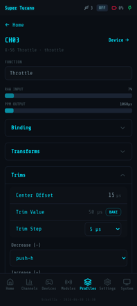 Web UI — per-channel trims with center offset, trim value and BAKE button