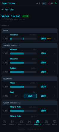 Web UI — channels grouped into Power and Control Surfaces
