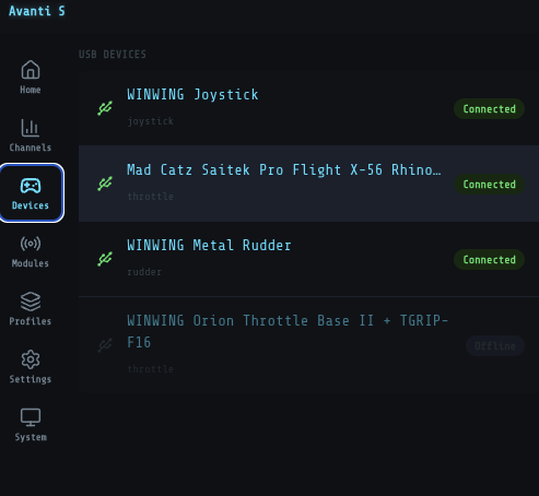 Web UI Devices screen — joystick, throttle, rudder with Connected / Offline status