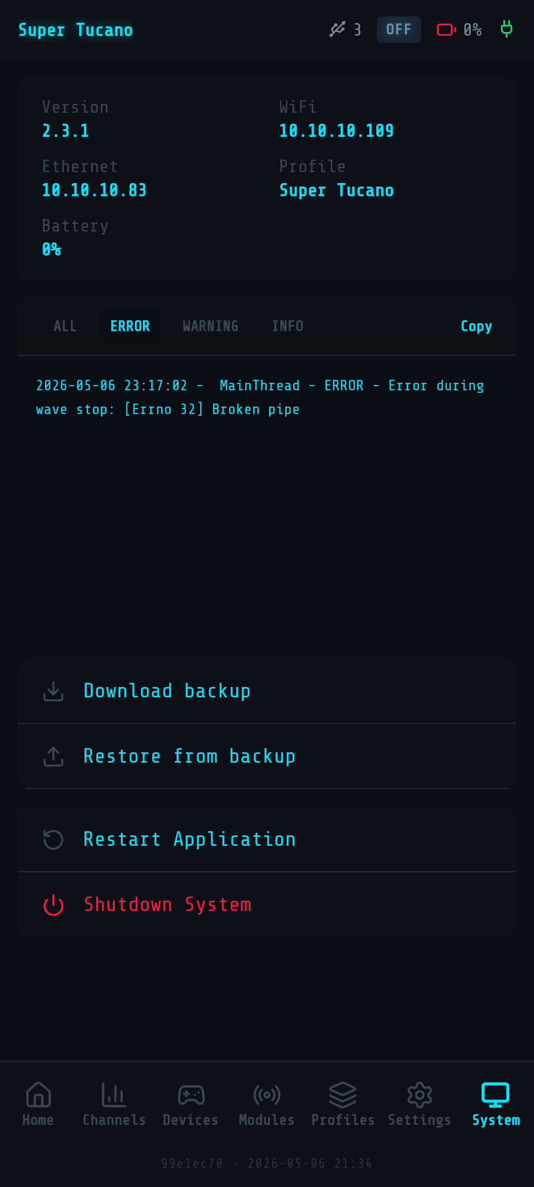 Web UI System screen — Download backup and Restore from backup buttons