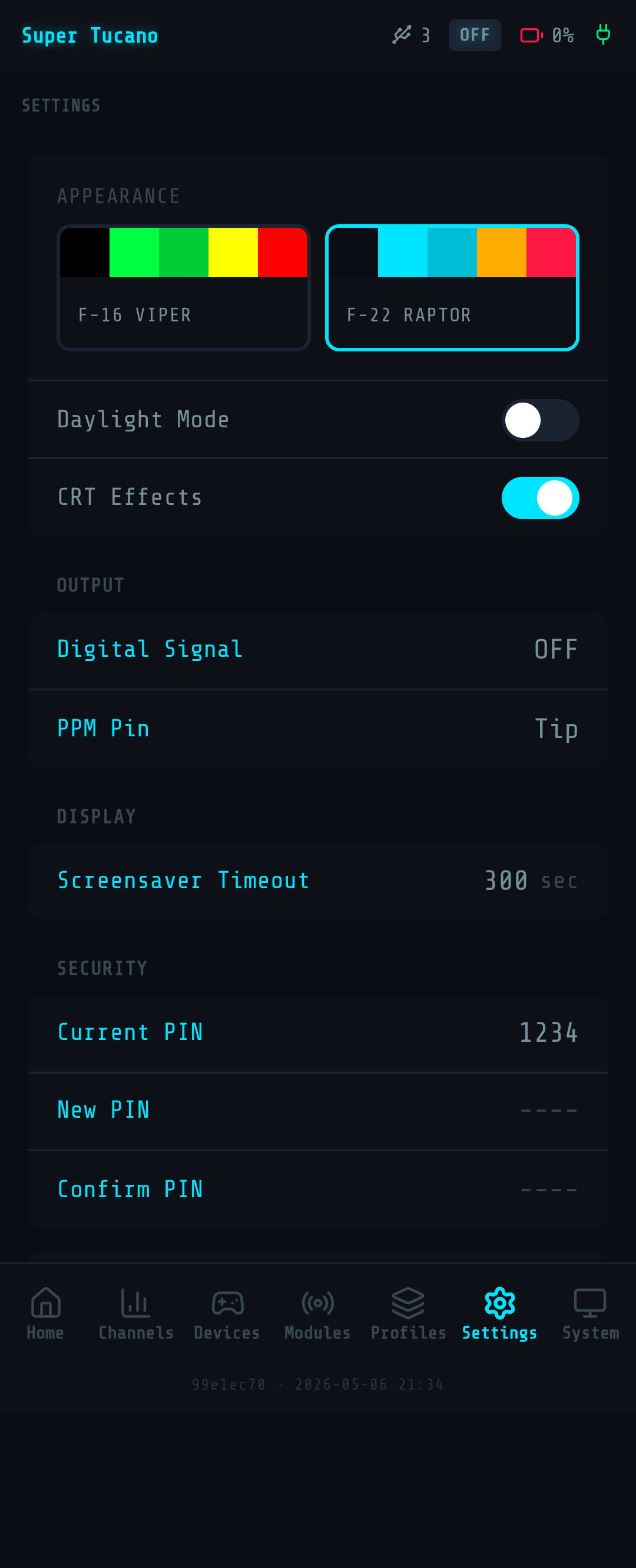 Web UI Settings — Output protocol picker (OFF / SBUS / IBUS / CRSF) and PPM Pin (Tip / Ring)