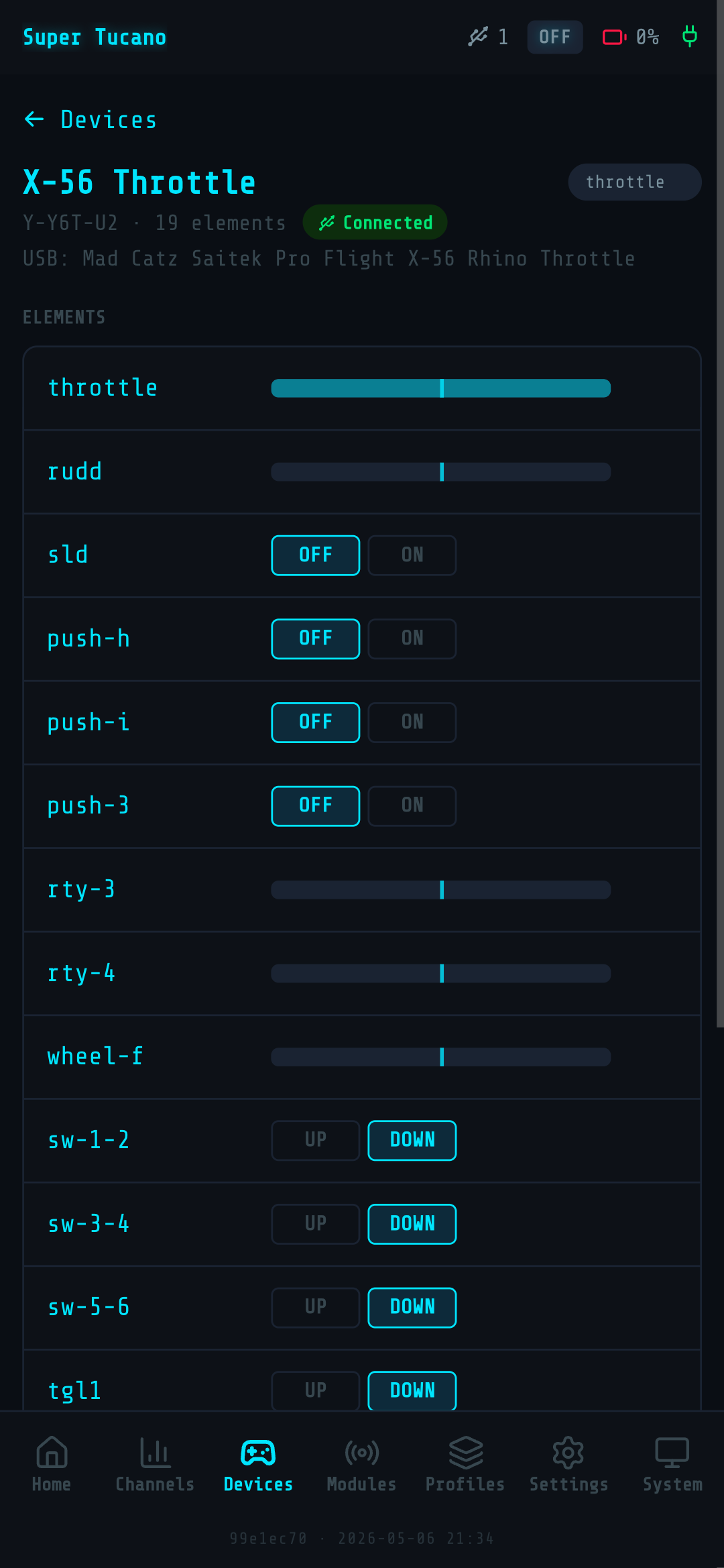 Web UI device view — Connected badge plus Elements section with live axis sliders and button states